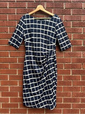 Connected Apparel Navy Windowpane Ruched Sheath Dress Size 8